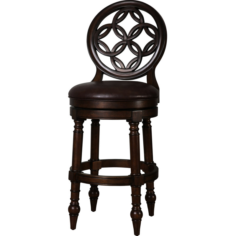 Tabouret de bar en bois à dossier haut de 31 po avec siège pivotant rembourré, détails décoratifs ouverts à siège rond, restauration automatique à 180 degrés, pieds tournés qui ajoutent un attrait visuel, cadre confortable sur structure solide,