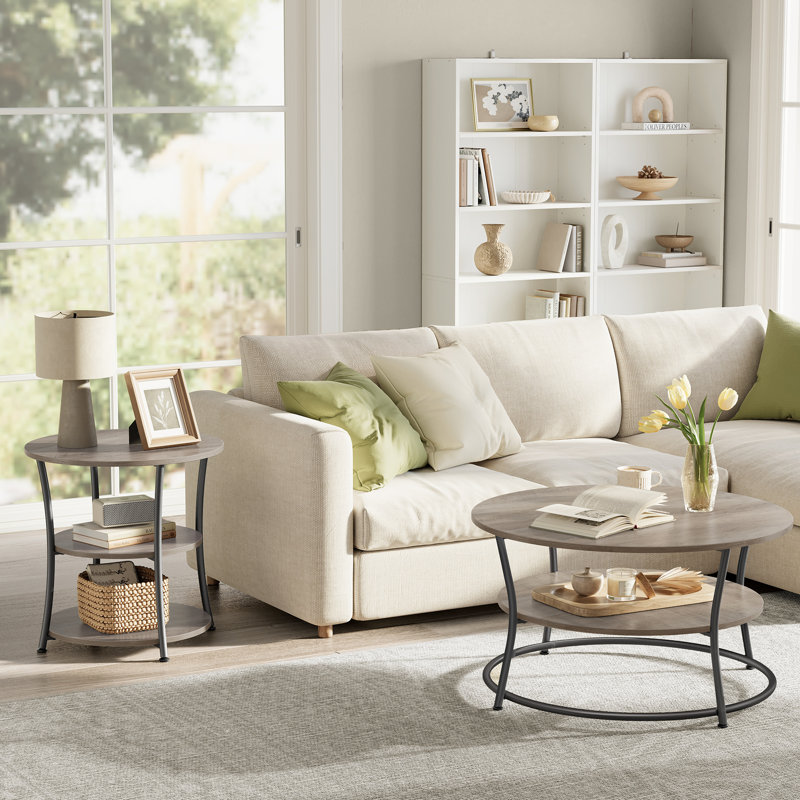 Graeber Round End Table with 3-Tier Storage Shelves, Heather Greige/Black