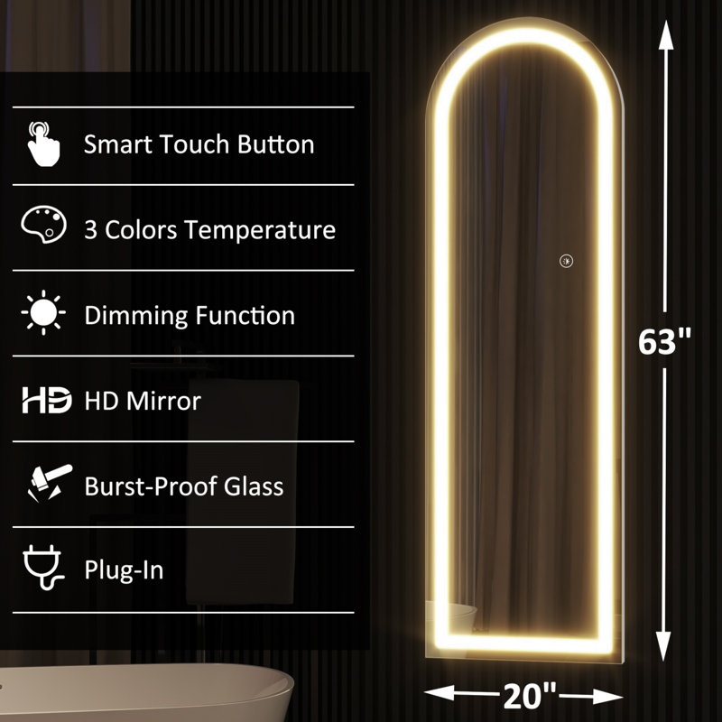 Miroir de salle de bain à DEL arqué à angle droit argenté pleine longueur à DEL avec support en aluminium 63 po x 20 po 1 po pour vestibule de chambre à coucher, salon / vestiaire