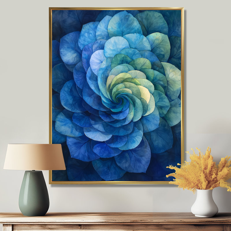 Impression sur toile bleu et vert, hortensia Vortex I, Reproduction avec cadre flottant, H 32 po x l 16 po, Doré