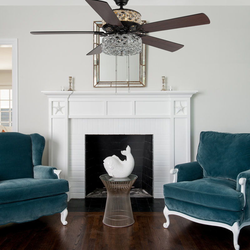 52"W Satin Nickel Double Lit Ceiling Fan, Pull Chain