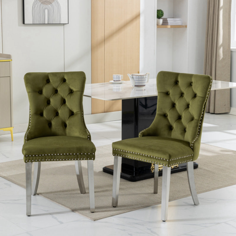 Modern Glam Velvet Upholstered Dining Chair with Pull Ring (Set of 2), Olive Green, Silver