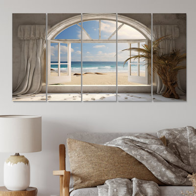 Vue de l'océan par une fenêtre blanche ouverte - reproduction d'art mural côtier - 5 panneaux égaux