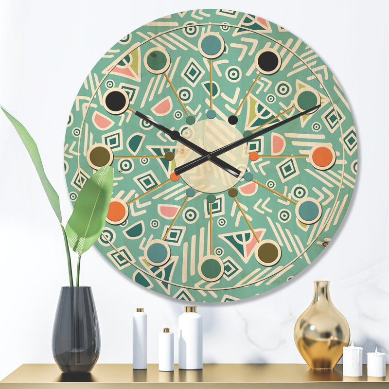 Horloge murale en bois pastel à motif rétro tribal rétro Mid-Century, Petit