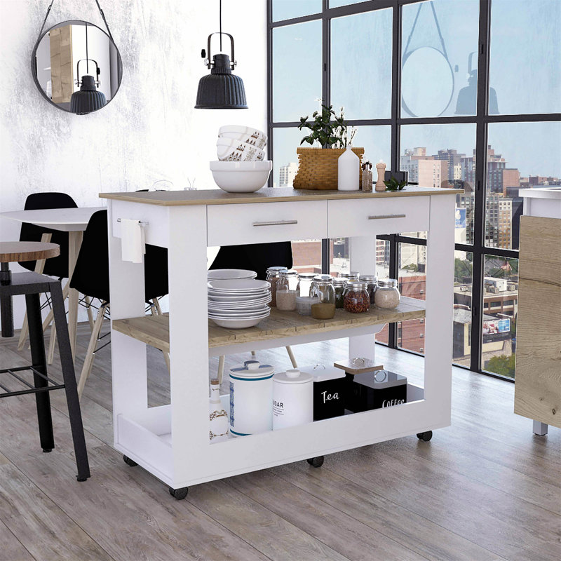 Kitchen Island with Drawer Shelves and Casters, White, 36.5" H x 46" W x 20" D