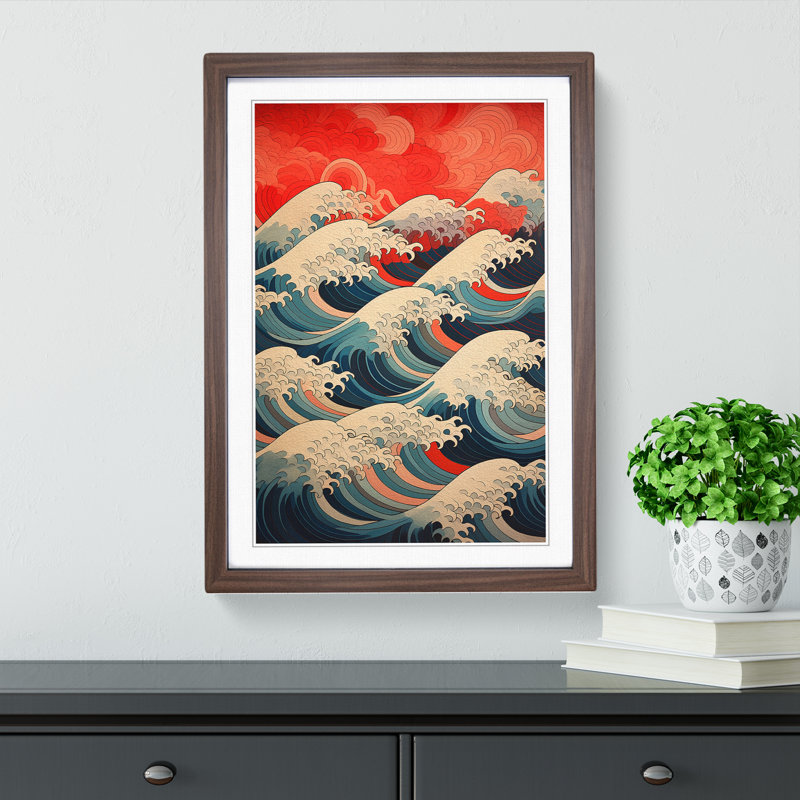 Wave Japanese Geometric - Single Picture Frame Print on Wood, Walnut Framed, 64cm H x 46cm W