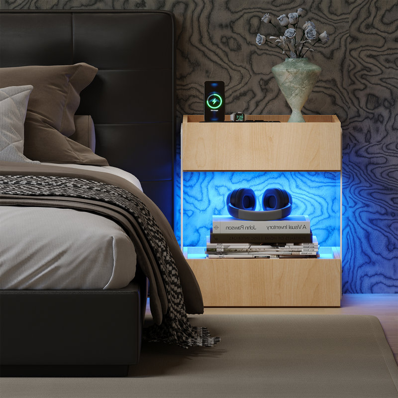 Tables de chevet en bois de style moderne l 17 po avec port USB et lumières DEL, Brun