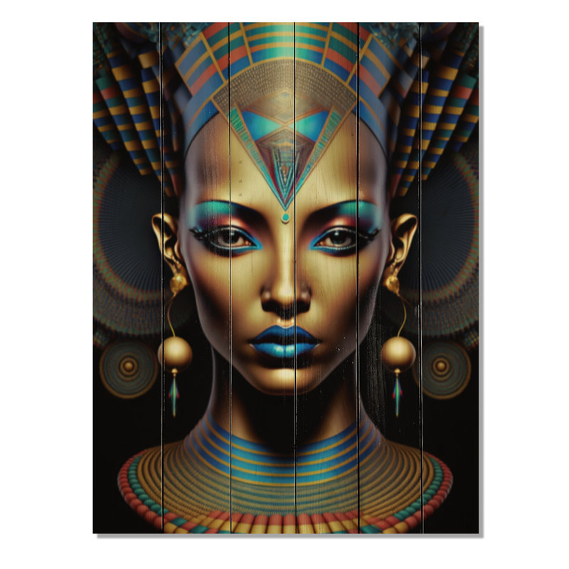 Nefertiti Beautiful Egyptian Goddess V - Egyptian Woman Print on Natural Pine Wood, 40" H x 30" W x 0.78" D