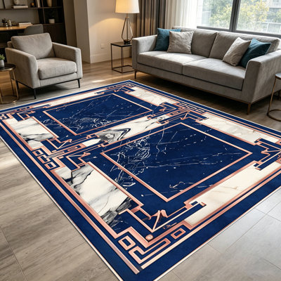 1PC Navy Blue Rose Gold Geometric Greek Key Marble Print area rugs for Living Room, Soft and Comfortable, Suitable for all seasons, easy-to-maintain, machine washable Indoor floor mat, Under Table Farmhouse suitable for Dining Room, Bedroom,