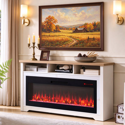 Meuble télé 60 po pour téléviseur de 70 po ou moins avec foyer électrique intelligent de 50 po, blanc
