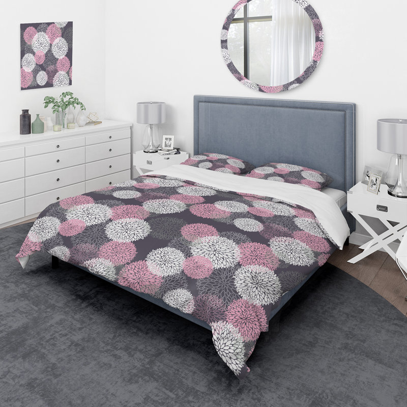 Floral rose et blanc - Ensemble de housse de couette moderne Mid-Century - Microfibre de polyester