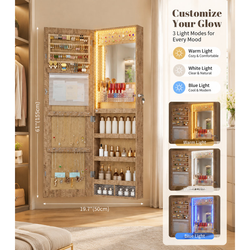 Armoire à bijoux à miroir, organisateur de bijoux mural
