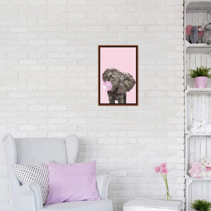 Art d’éléphant de gomme à bulles, Toile avec cadre en bois classique, H 26 po x l 18 po x P 1,5 po