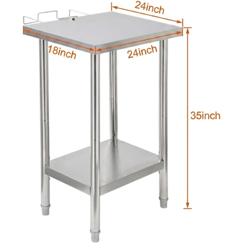 Table de travail 24 * 18 * 35inch en acier inoxydable sans roulettes, table de préparation mobile commerciale avec rangement double couche, tablette à ordures, crochets latéraux pour la cuisine et le laboratoire