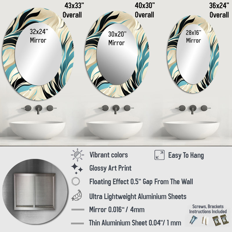 Teal and Cream Natures Whispers - Miroir mural ovale moderne sarcelle, H 36 po x l 24 po