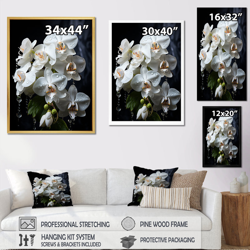 Pétales d'orchidées blanches élégantes sur toile, H 44 po x l 34 po x P 1,5 po, Cadre simple noir