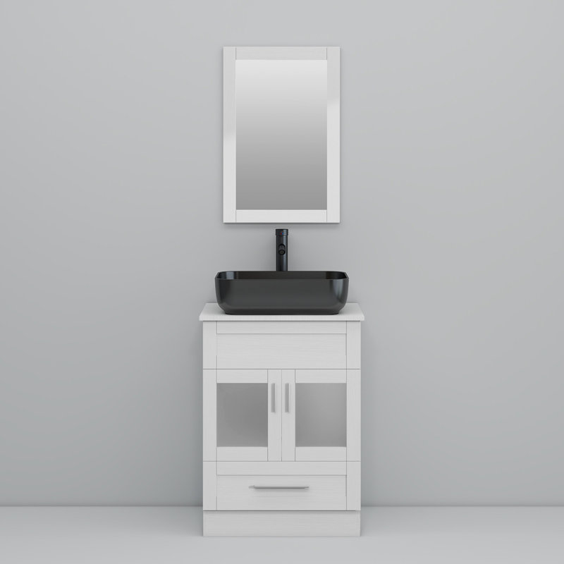 Andrais 24'' Single Bathroom Vanity with Manufactured Wood Top, White, Black