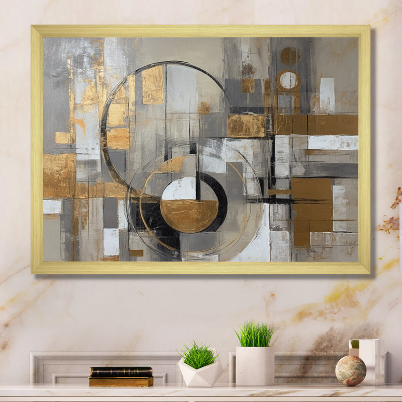Or et gris, simplicité radicale I - art abstrait Mid-Century, Cadre doré simple, H 12 po x l 20 po x P 1 po