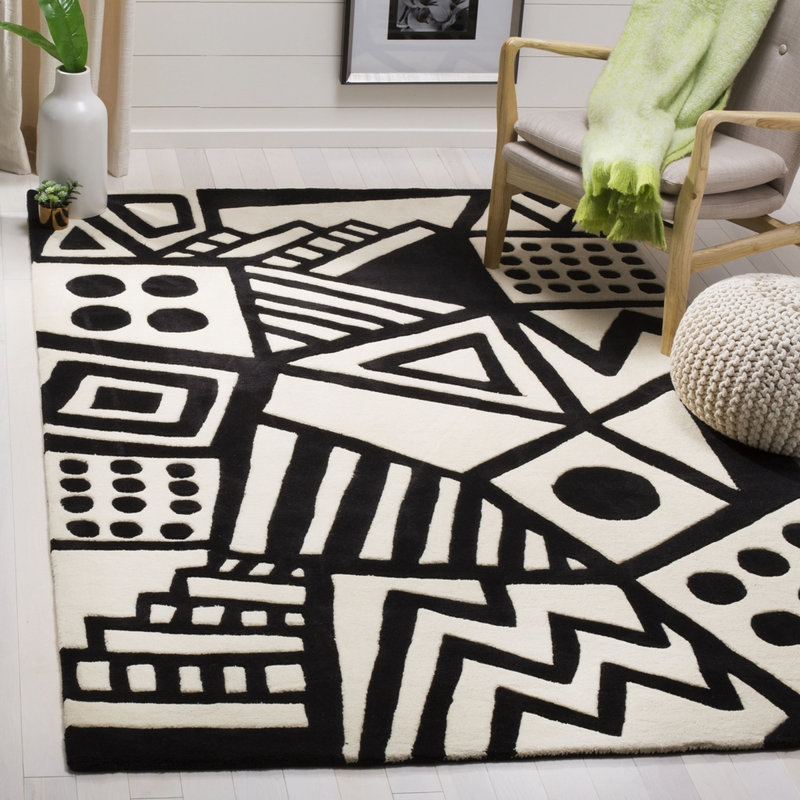 Tapis ivoire / noir en laine touffeté à la main Chehalis, Rectangle 5 pi x 8 pi