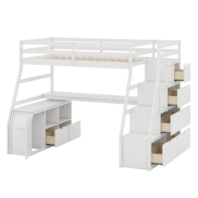 Lit mezzanine avec tiroirs, tablettes et bureau, Blanc
