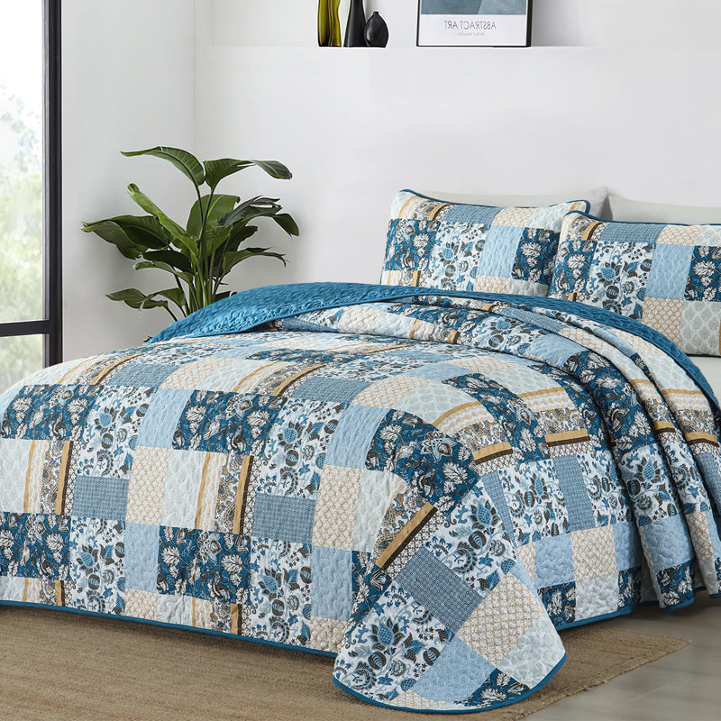 Ensemble de courtepointe à carreaux en patchwork 3 pièces, couvre-lit floral en microfibre légère et légère pour toutes les saisons