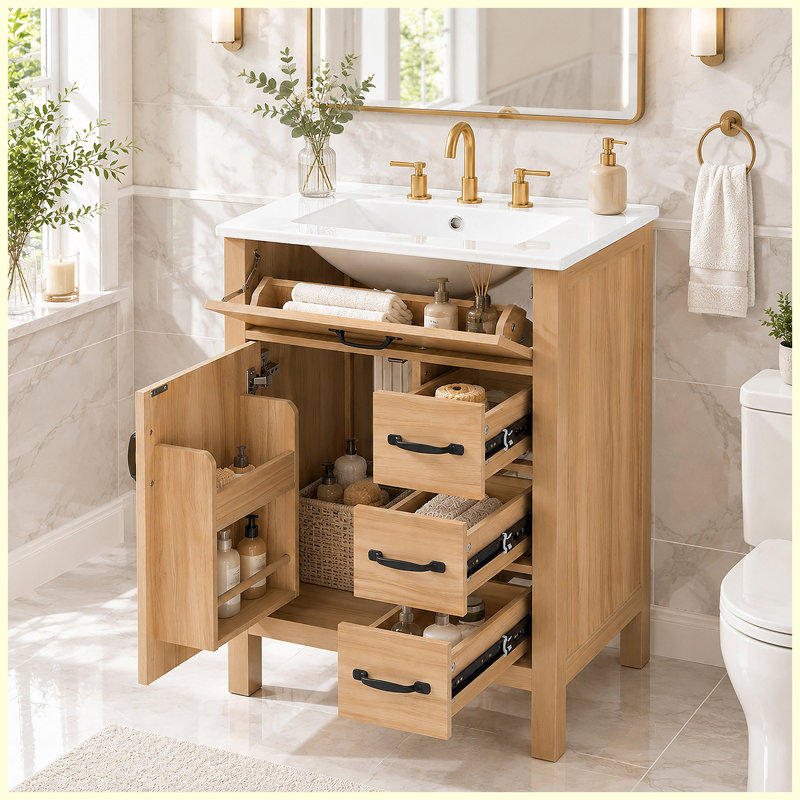 Meuble-lavabo de salle de bain moderne en bois massif 24 po avec rangement à fermeture en douceur, L 24 po