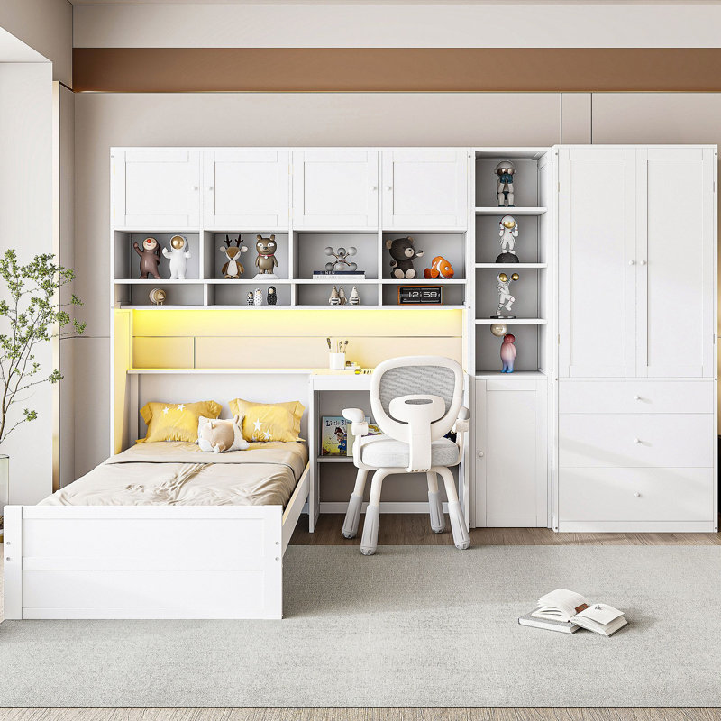 Lit plateforme simple en bois avec bureau, armoire, armoires, tiroirs et tablettes, White