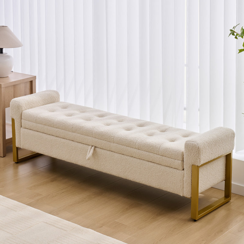 Banc de rangement en velours pour chambre à coucher, pieds dorés, Peluche beige