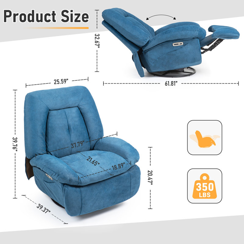 Swivel Rocker Recliner Chair, 360° Swivel Recliner With Heat And Massage, Rocker Recliner Nursery Glider Chair With Side Pockets For Living Room ( Blue, Fabric)