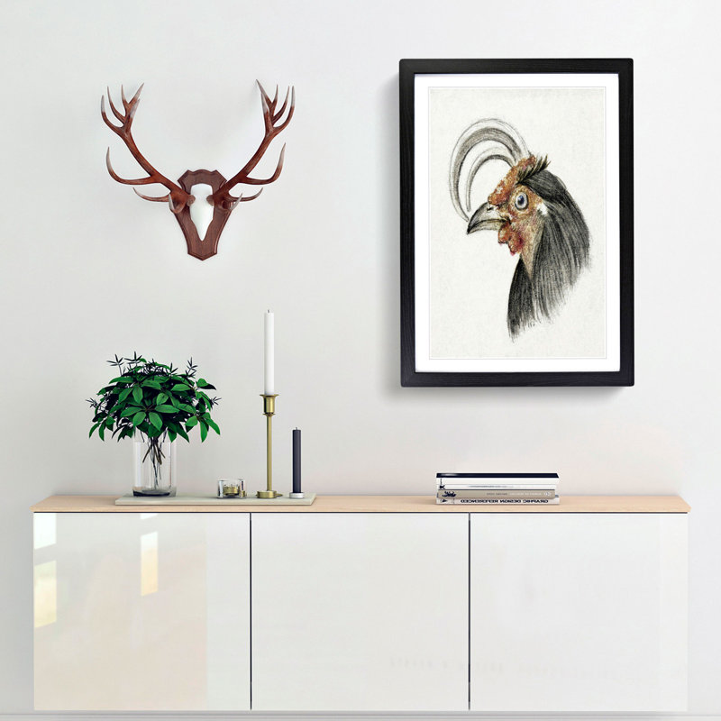 Head of a Rooster by Jean Bernard - Picture Frame Drawing Print, 65cm H x 48cm W x 2cm D, Black Framed