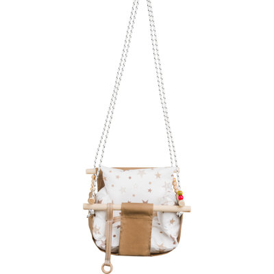 Premium Baby Swing Chair, 100% Wooden, Gold Color, 15.7 x 12.6 x 12.6 inches | Soft 100% Cotton Fabric, 5.9 ft Rope Length | Supports Up to 44 lbs, Ideal for Ages 6 Months to 5 Years, Safe & Comfortable Design