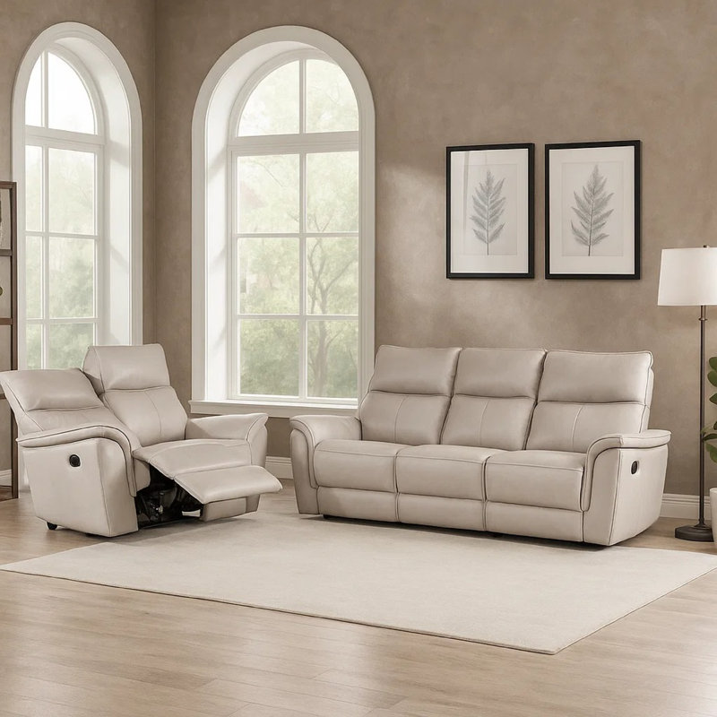 Lenne 2Pc Manual Reclining Sofa And Loveseat Set, Ivory Vegan Leather, Ivory