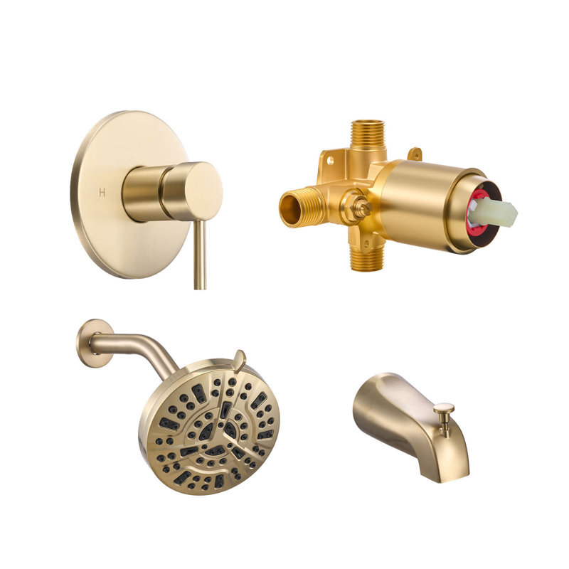 Ensemble de robinet de baignoire et de douche, complet avec pomme de douche à pluie de 5 pouces et bec de baignoire, douchette réglable à 8 réglages, ensemble de garniture de baignoire à poignée simple avec valve d'équilibrage de pression en laiton, finition dorée