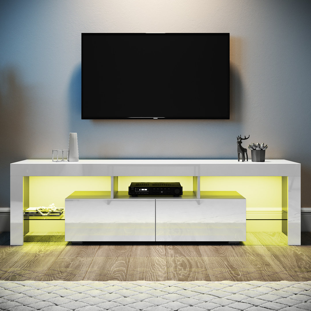 Birchfield 160Lx35Wx45H cm High Gloss TV Stand/TV Cabinet, 2 Drawers 3 Storage, RGB Remote, 16W, Fits 65" TVs