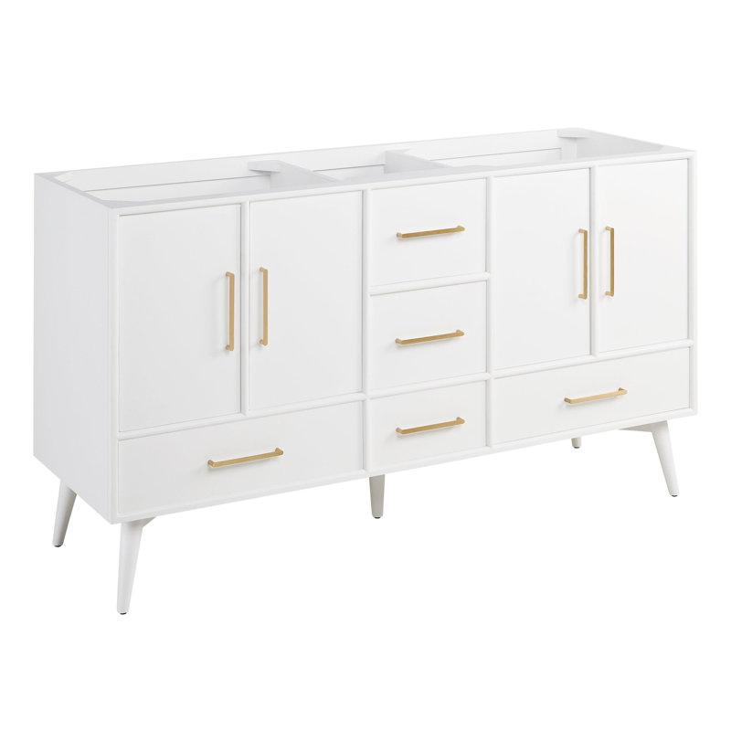 60" Novak Double Bathroom Vanity Set with Rectangular Undermount Sinks, White, Carrara Marble, 8" Widespread