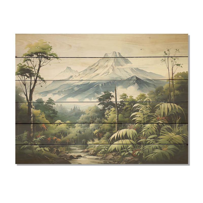 Jungle Volcano Paradise - Ferns Wood Wall Art On Natural Pine Wood, 30" H x 40" W