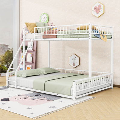 Heavy Duty Metal Bunk Bed Frame With Safety Guardrails And Ladder