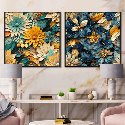 Ensemble de 2 collages carrés botaniques bleus et beiges - motif mandala bohème bleu et beige