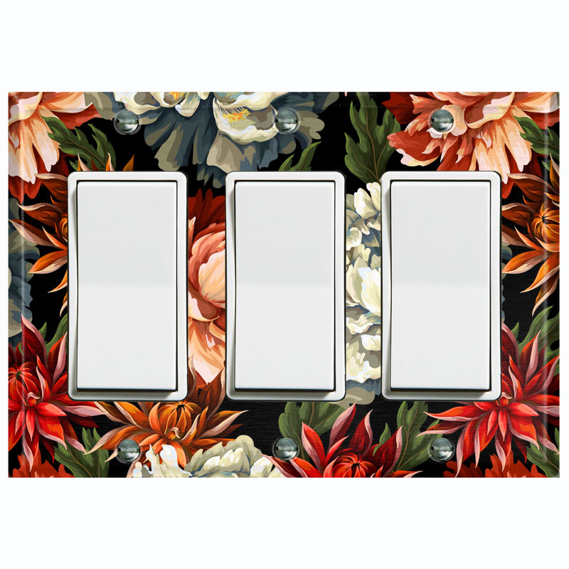 Flower Colorful Paint Black Print 3 - Gang Toggle Light Switch Standard Wall Plate