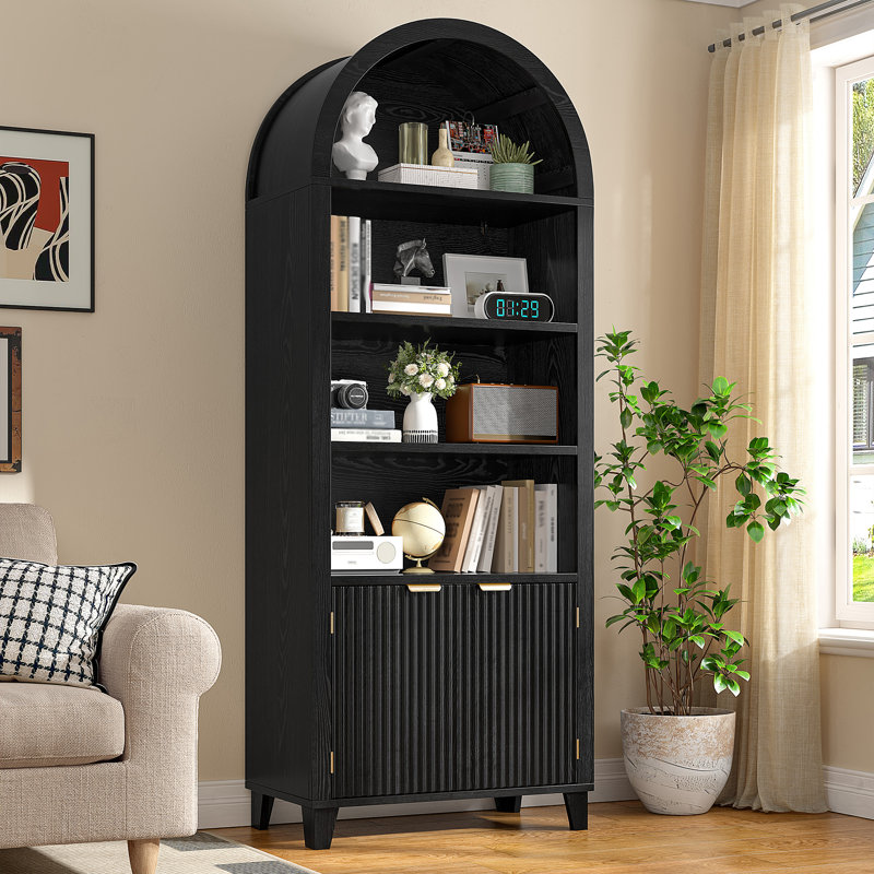 Storage Bookcase/arched Cabinet With Fluted Doors & Adjustable Shelves – Entryway, Living Room, Black
