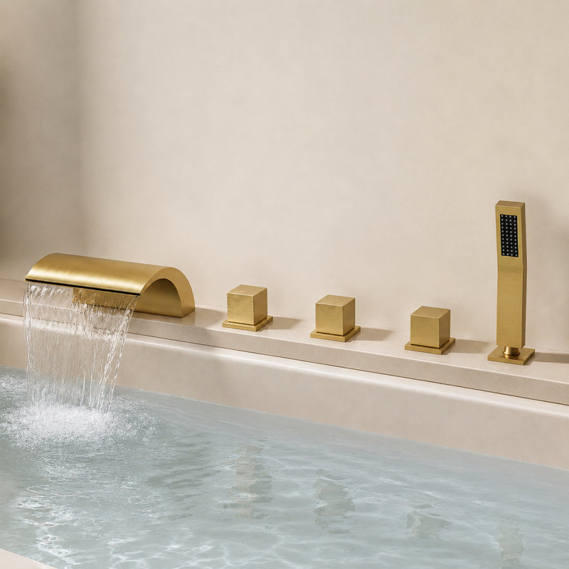 Three-Handle 5-Hole Deck Mount Waterfall Roman Tub Faucet with Hand Shower, Brushed Gold