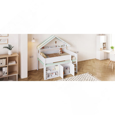 Full Wooden Loft Bed Frame with Playhouse Canopy Roof and Lower Storage Cabinet, White and Green