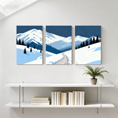 Forêt d'hiver, montagnes enneigées, paysage d'hiver, pins, chemin, réflexion, ciel nocturne, ensemble de 3 impressions sur toile