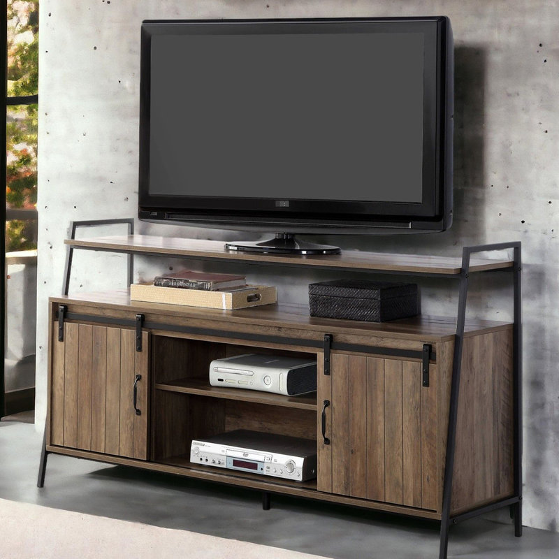 60-Inch Tv Stand With Sliding Barn Doors, Rustic Oak Finish And Black Metal Frame, 6 Compartments, 1 Open Shelf, Ideal For 50 - 59 Inch Tvs In Primary Living Settings Frame Finish, Storage