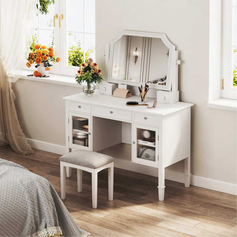 44.4" Makeup Vanity Desk With Large Adjustable Mirror, Dressing Table Set With Drawer Cabinet, Space-Saving Beauty Station For Bedroom, White