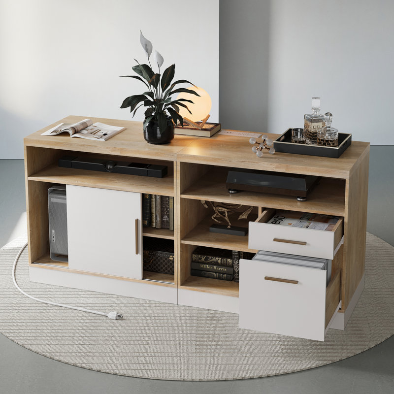 Classeur latéral Adonia en bois de 160 cm de large avec serrure, idéal pour le bureau à domicile, et doté d'une prise électrique intégrée, fini noyer blanc.