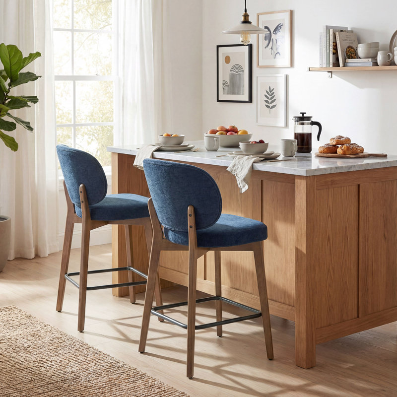 Tabouret de bar Mid-Century, tabouret de bar rembourré en tissu avec dossier à oreilles, tabouret de bar à hauteur de comptoir sans accoudoirs avec pieds en bois, repose-pieds en métal, pour comptoir de bar pour îlot de cuisine, bleu marine, ensemble de 2