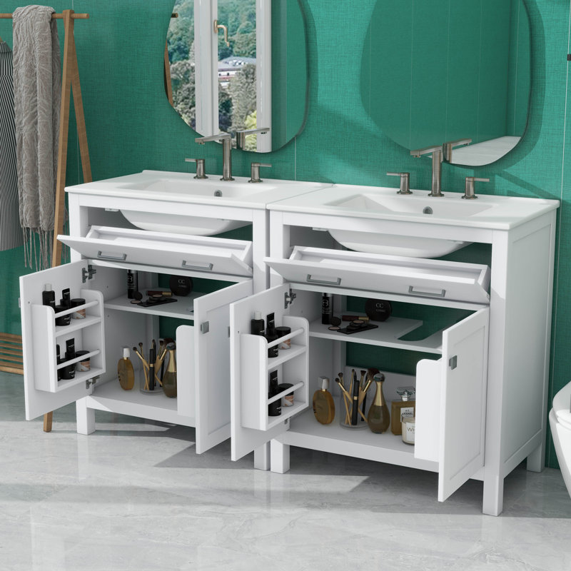 Ensemble de meuble-lavabo double 60 po avec lavabo double 60 po, tablette réglable et portes à fermeture en douceur, Blanc