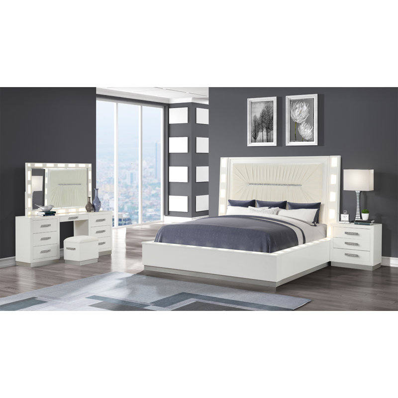 Ensemble de chambre avec lit coiffeuse 4 pièces Vannida, Très grand