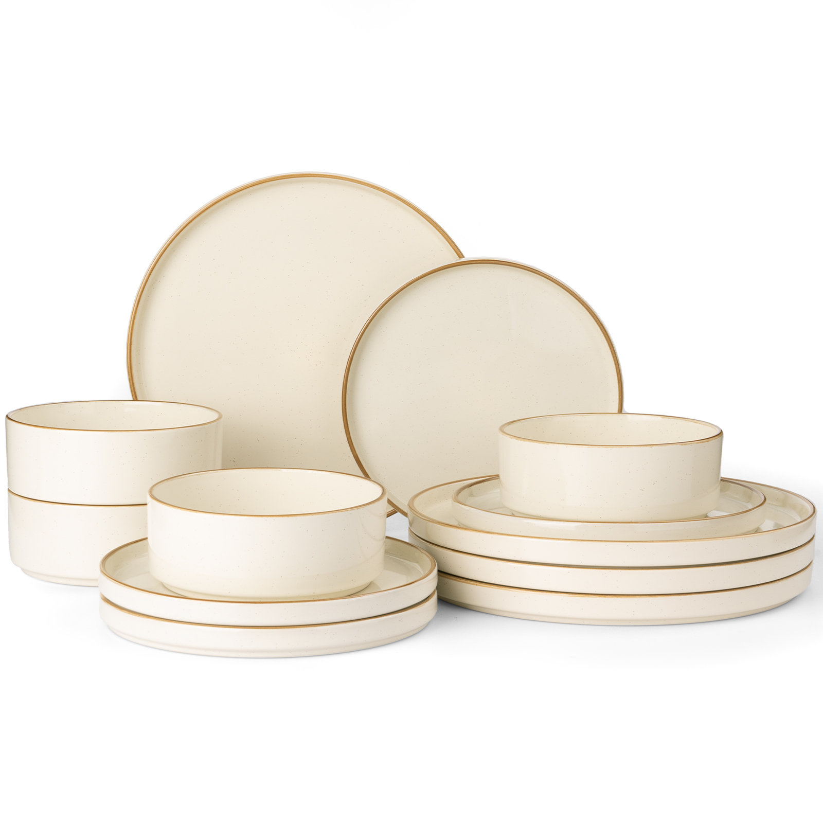  Nebula Plates And Bowls Sets, 12 Piece Dinnerware Sets, Vanilla White with Brown Rim